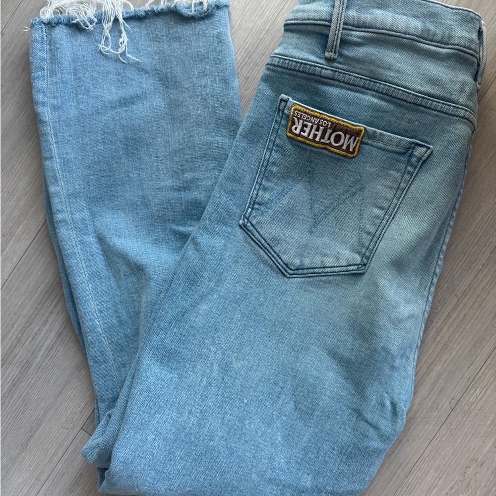 MOTHER Blue Ankle Cropped Jeans with Frayed Hem